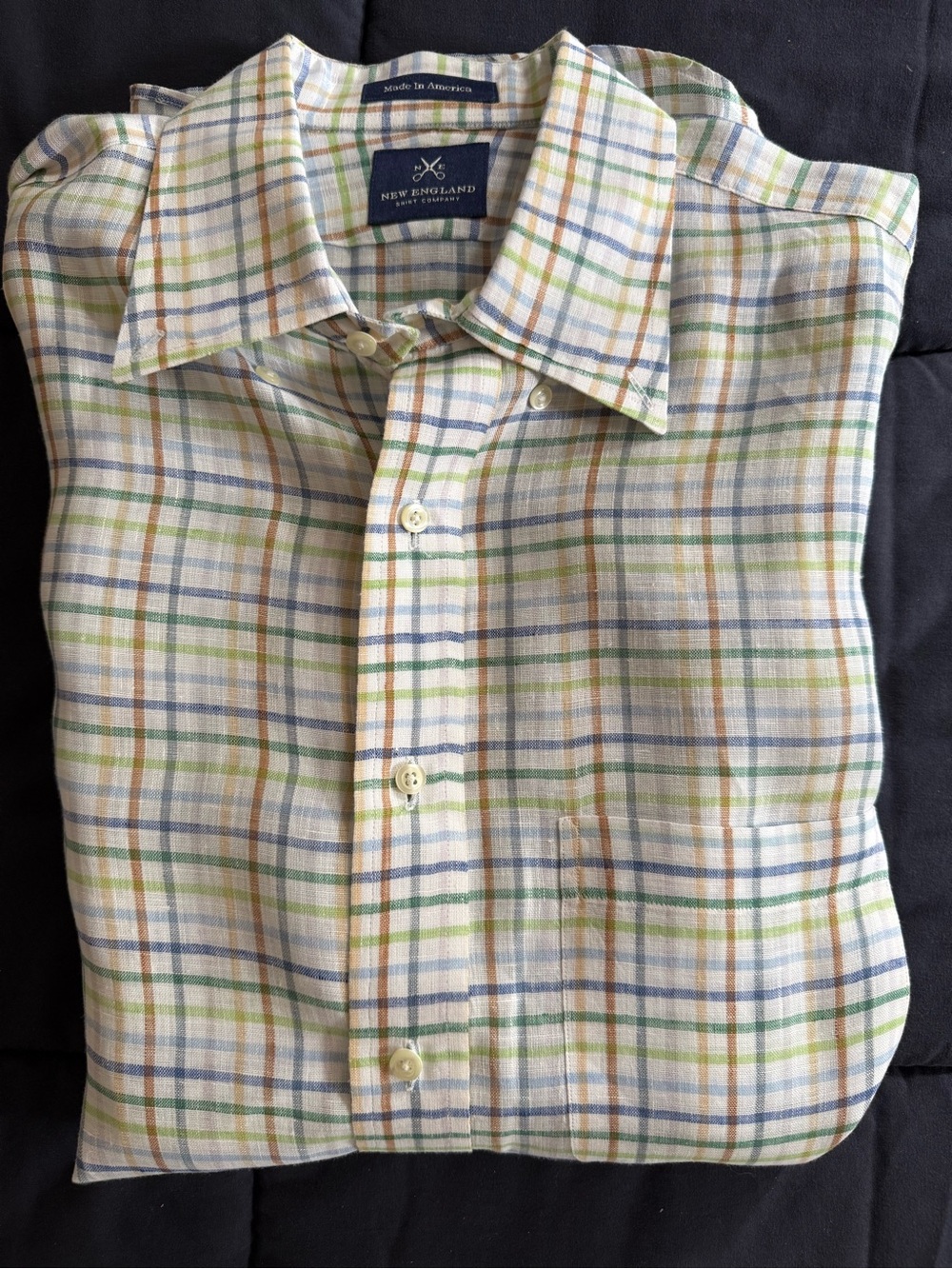 New England Shirt Company 100% Linen Plaid Button Down Shirt USA Made